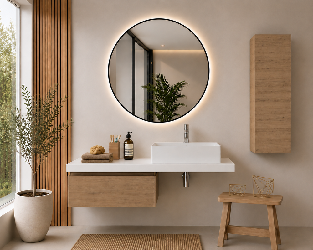 Badrumsmöbel med 60 cm modul i stäppfärg och 120 cm bänkskiva SICILIA · Estepa